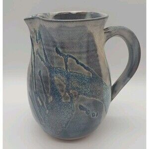 Studio Pottery Pitcher Signed Blue Gray Drip Redware